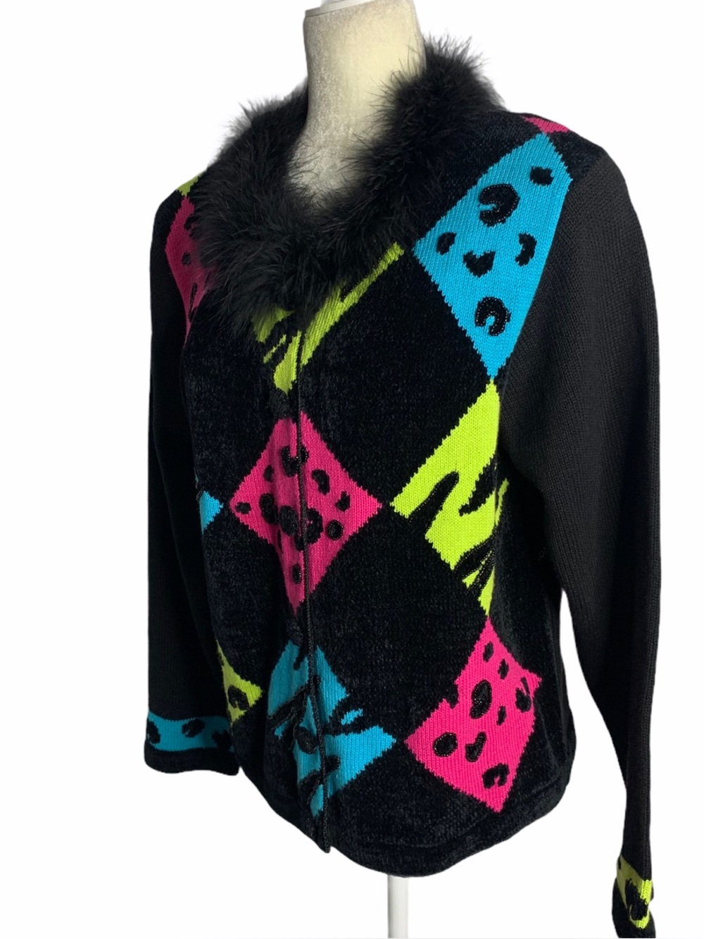 Vintage 90s Beaded Knit Cardigan Sweater Womens XL Black Feathers Jack B Quick